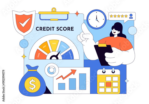 Credit Score Vector Illustration Featuring a Loan Arrow Gauge Speedometer Showing Ratings From Poor to Good on a Flat Style Background
