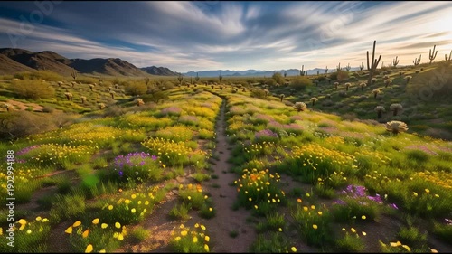 Desert trail with cactuses and wildflowers under dramatic cloudy sky