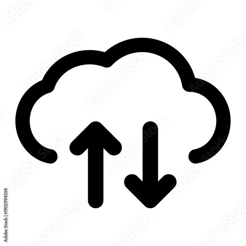 Cloud computing icon with upload and download arrows representing data sync and storage.

