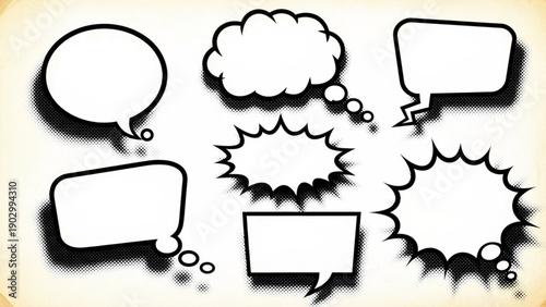 A set of hand-drawn style comic frames and explosive speech bubbles with heavy halftone shadows on a vintage paper background.