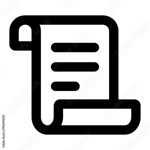 Black and white icon showing a scroll unfurling into a blank document page with lines, symbolizing writing or viewing content.

