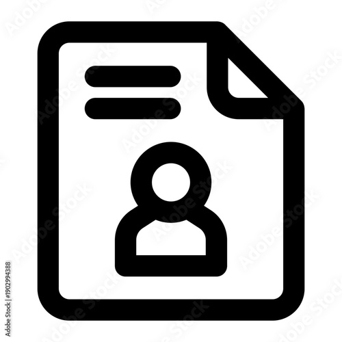 Line art document icon with a human silhouette and text lines, representing a resume, portfolio, or user profile.

