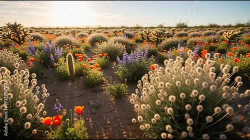 Desert wildflower meadow blooming orange poppies and purple lupine in sunlight