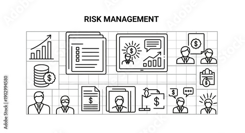 Risk Management Icons: Business Strategy, Finance, Planning, and Teamwork