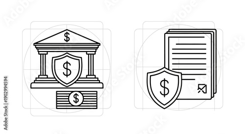 Secure Banking and Financial Document Icons with Dollar Signs and Shield