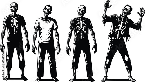 Scary Zombie Skeleton Silhouette Collection Featuring Undead Ghouls with Exposed Ribs and Shredded Clothes for Halloween Horror Apocalypse Graphic Design Vector Illustration Isolated on White