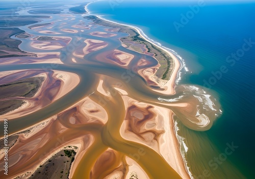 aerial view of winding river delta meeting blue ocean