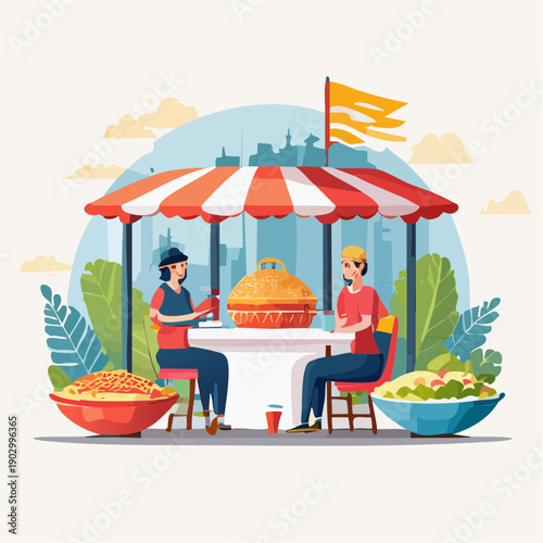 Two people enjoying a delicious meal at an outdoor food stall with fresh ingredients