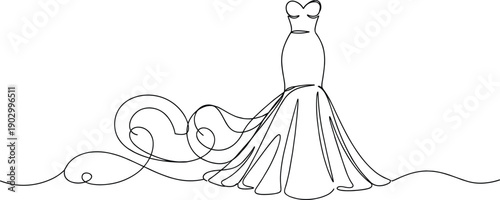 Minimalist line art of formal gown with sweetheart neckline and flared skirt, elegant black and white fashion illustration for design, decor