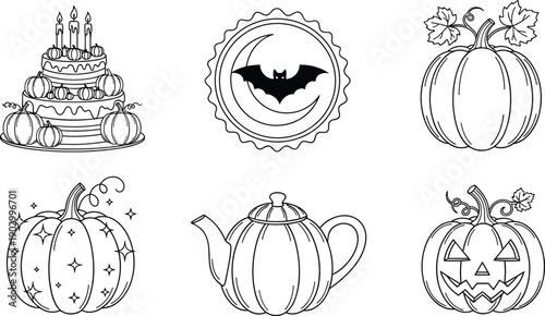 Autumn Halloween pumpkin illustration set, jack o lantern cake teapot bat moon cozy fall line art vector collection isolated on white background
