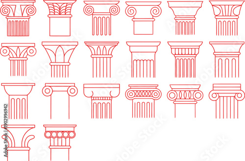 Ancient Column Designs in Red Line Art architectural drawing CAD design