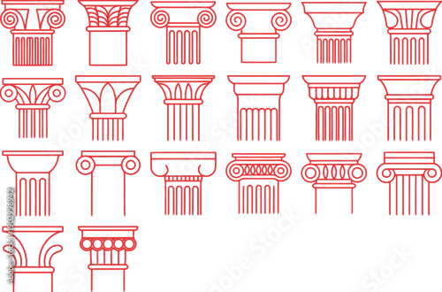 Obraz Ancient Column Designs in Red Line Art architectural drawing CAD design