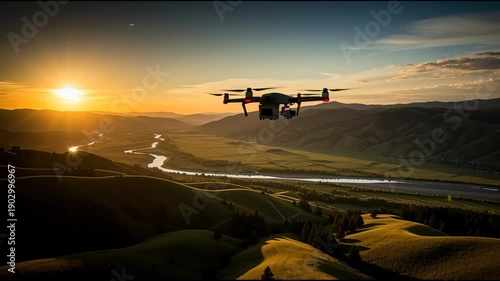 Drone flying over mountain landscape during sunset sunlight