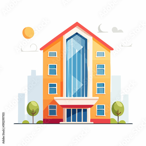 Stylized vector illustration of a modern multi-story building with a distinct red roof, large windows, and a welcoming entrance, set in a bright urban landscape