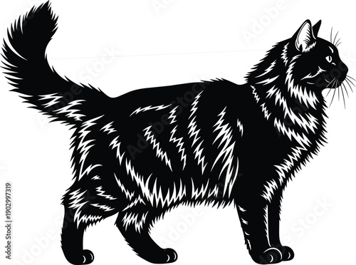 Black longhair cat silhouette illustration, fluffy domestic feline standing pose elegant animal vector design isolated on white background