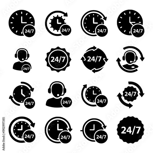 24 7 support icon silhouette black vector customer assistance set on white background