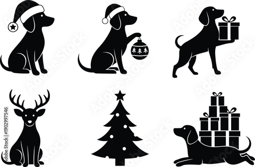 Christmas dog silhouettes vector set, festive puppies with gifts ornaments and tree, cute holiday pet icons, black and white illustration collection