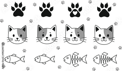 Cute cat face and paw print vector set with fish icons, playful pet elements for kids design, stickers, apps, branding, web and print use