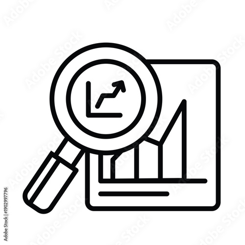 Magnifying glass over bar chart graph outline icon, suitable for financial data analysis concepts in presentations, reports, and articles.