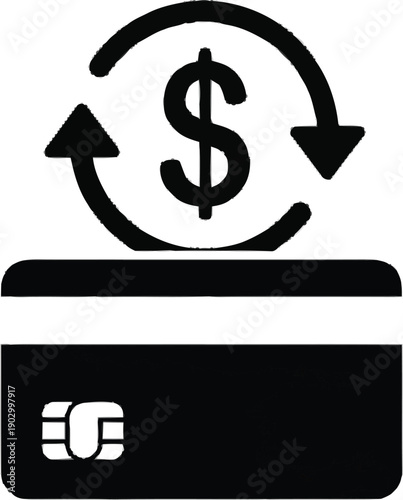 Electronic payment processing icon featuring credit card with dollar symbol and circular arrows for money transfer