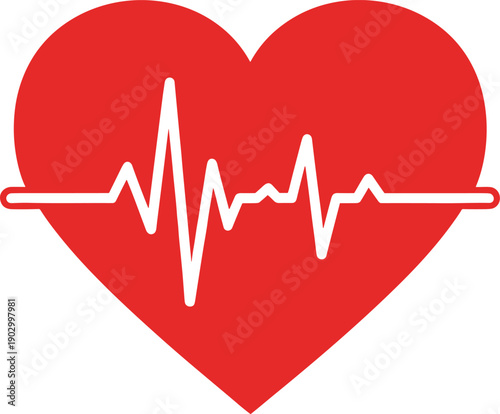 Red heart icon with white electrocardiogram line vector illustration, symbolizing heartbeat, medical care, cardiovascular health, fitness and wellness concepts