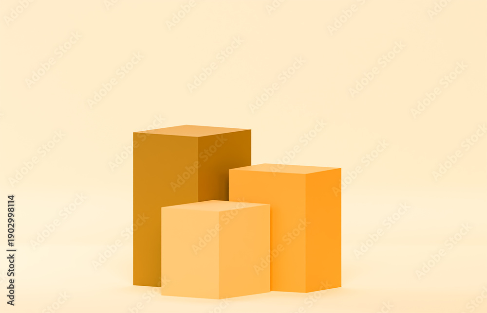 Obraz premium Minimalist 3D render of three geometric orange cubes on a flat light orange background, professional studio lighting with soft shadows for product replacement mockup