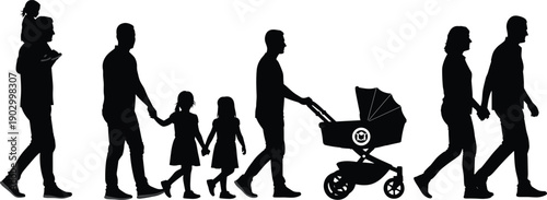 Family silhouette vector illustration showing parents, children and baby stroller walking together, modern people icons for parenting, lifestyle, urban life and social design