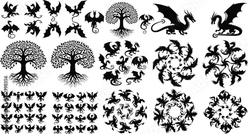 Fantasy dragon and bat silhouettes vector collection, mystical flying creatures and tree of life designs, black gothic elements set for creative projects