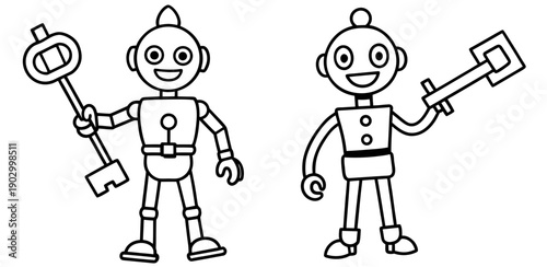 Cute Black And White Robot Holding Large Key In Two Styles