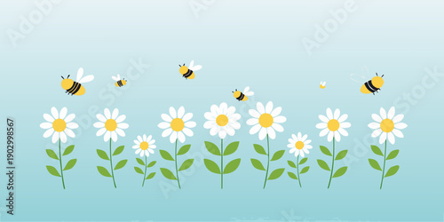 Cartoon illustration of white daisies and buzzing yellow and black bees