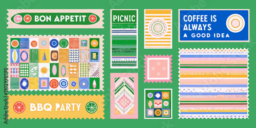 Colorful retro postage stamps with food and beverage themed designs
