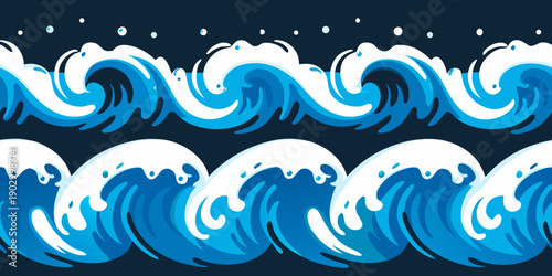 Stylized blue ocean waves with white foam forming a repeating pattern