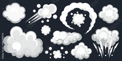 Collection of stylized white smoke and cloud puff graphic elements