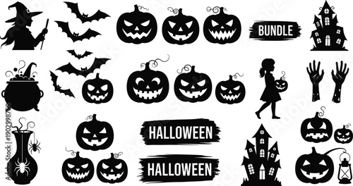 Halloween silhouette vector bundle with pumpkins, bats, witch, haunted house and spooky icons for party decorations, posters, stickers, branding, web and print design