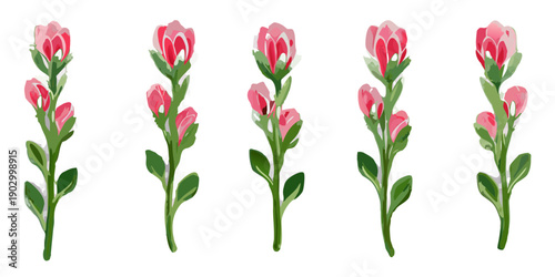 A row of pixelated pink flowers with green stems against a black background