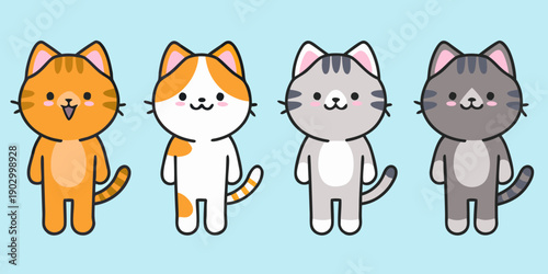 Four adorable cartoon cats in different colors stand in a row
