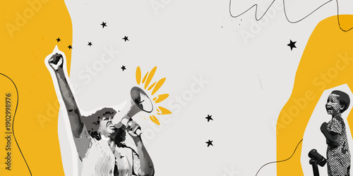 A vintage illustration of people protesting with a megaphone and raised fist