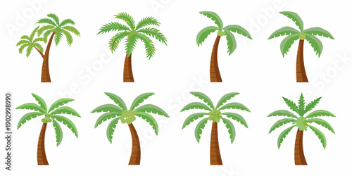 Collection of vibrant cartoon palm trees in varying shapes and sizes