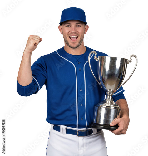 Male athlete in blue baseball uniform holding a silver trophy celebrating a win