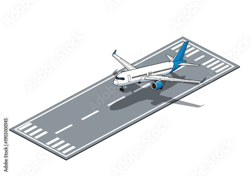 Aerial view of airplane on runway at airport, illustration of aviation transport