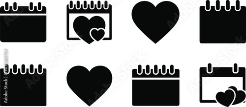 Black vector silhouette icon set of various calendars and heart shapes for concepts of dating anniversaries scheduling romance and branding,