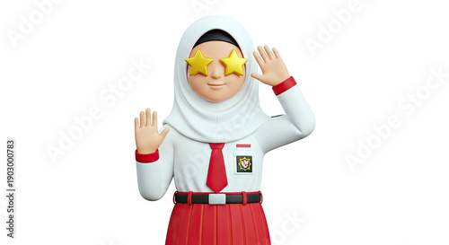 3D animated student in uniform with star-shaped glasses waving