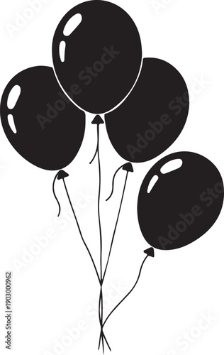 A cluster of black balloons tied together with white strings against a white background Vector