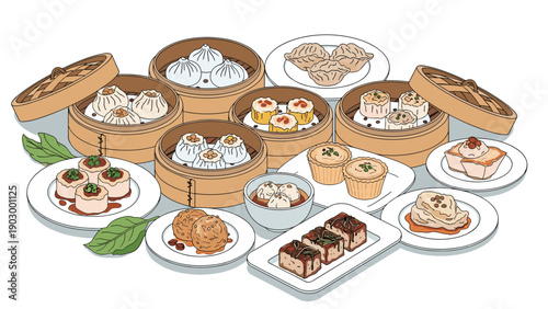 Detailed illustration of various traditional Chinese dim sum dishes served in bamboo steaming baskets and on small plates.