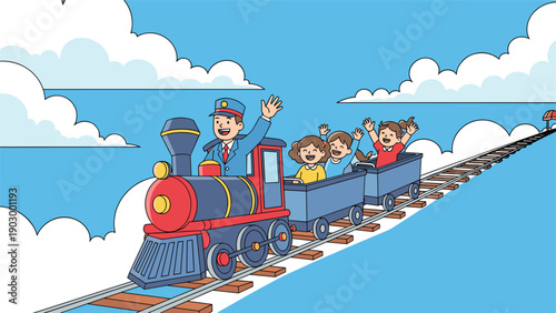 Cheerful group of kids rides in a colorful toy train through the blue sky with a conductor waving from the locomotive.