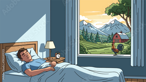 Young man sleeps soundly in a bright bedroom with a view of a scenic farm and mountains as a rooster crows at sunrise.