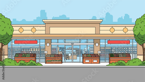 Modern grocery store building with large windows and fresh produce displays located on a quiet city street in the daytime.