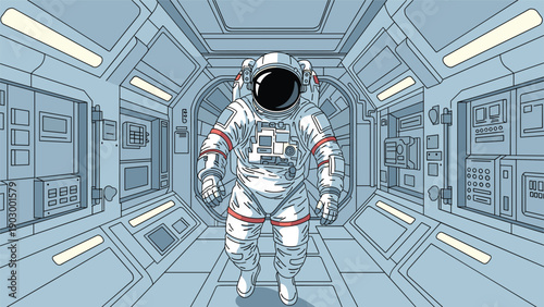 Astronaut in a white space suit floats weightlessly inside the interior of a high-tech space station module in orbit.
