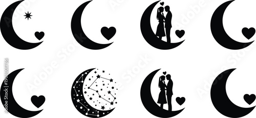 Black vector silhouette set of crescent moons with hearts stars and romantic couples for celestial love valentines and wedding branding