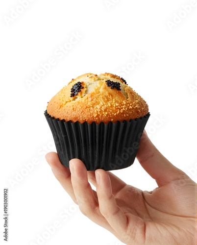 Hand Holding Delicious Muffin with Blueberries and Golden Crust on Isolated Background